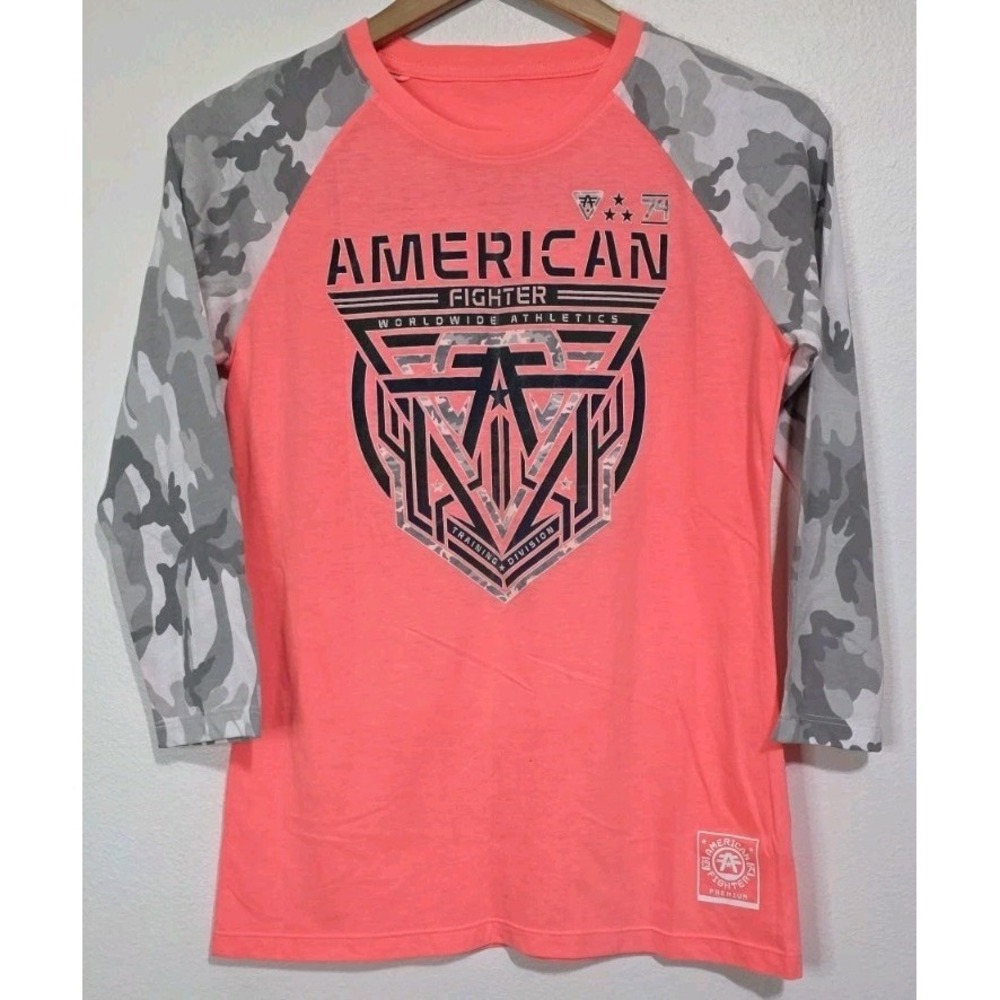 NEW American Fighter Women Shirt Athletics Grey Camo 3/4 Sleeves Pink M Moto